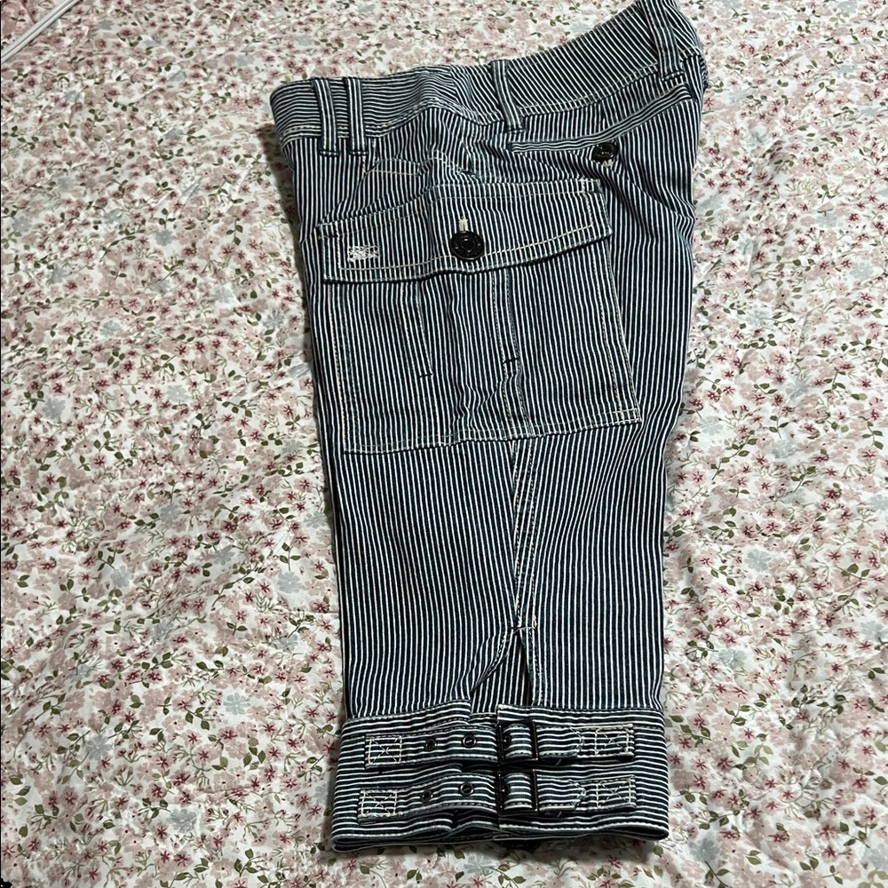Burberry Blue Label Striped Denim Cotton Cargo Pants in Navy and White